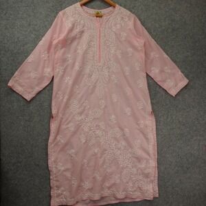 Indian Kurti Tunic Top Womens L Pink Kurta Chikankari Embroidered Boho Long ADA